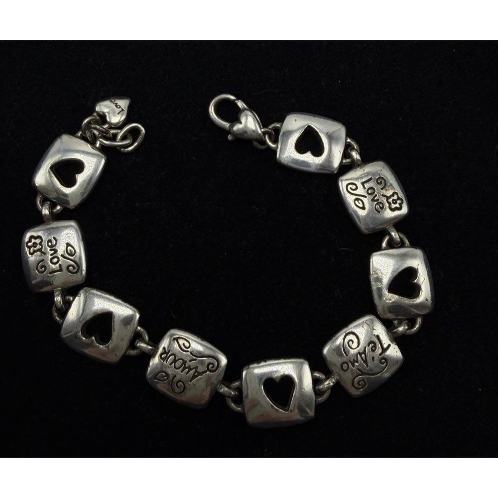 Brighton Silver Plate Link Bracelet Square Heart Charm Amour Love